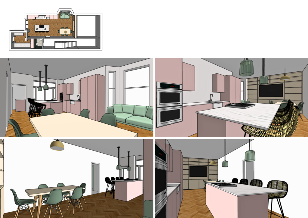 Open plan layout CAD renders - combining kitchen, dining and lounge into one large, sociable space for modern family life.