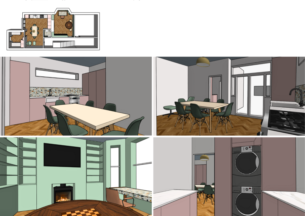 Interior CAD renders with clearly separated kitchen and dining room, designed for peaceful living with defined functional zones.