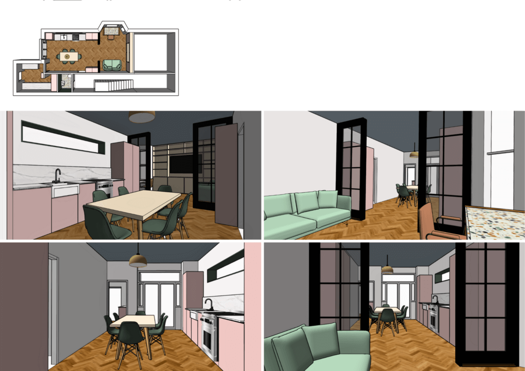 Interior CAD renders showing a broken plan design with sliding doors separating dining and snug areas, creating flexible zones in a family home.”