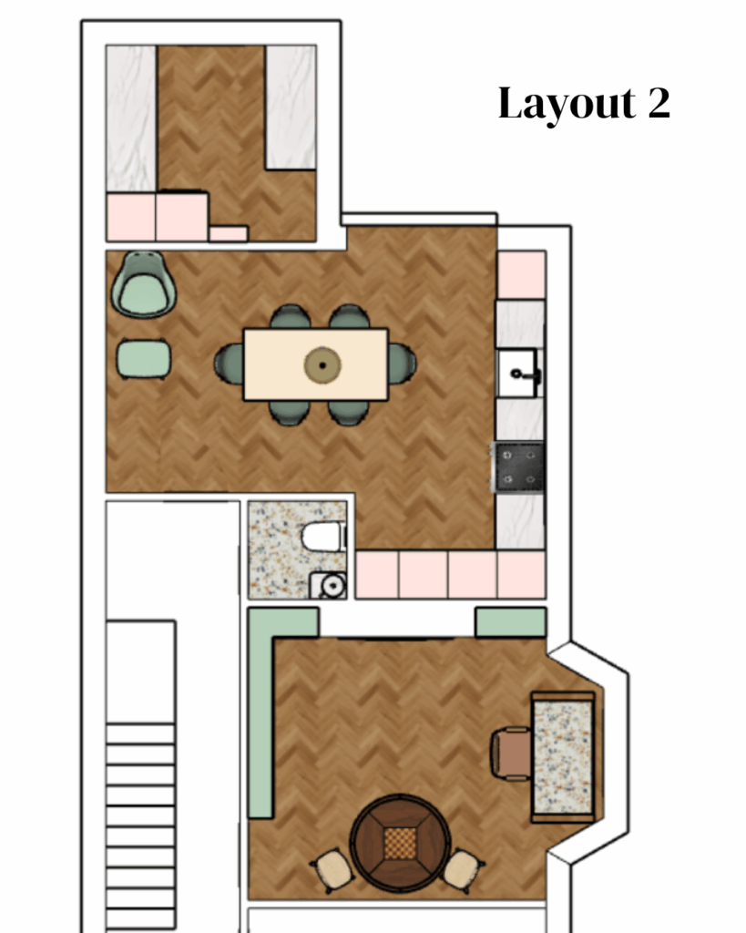 Interior floor plan with clearly separated kitchen and dining room, designed for peaceful living with defined functional zones