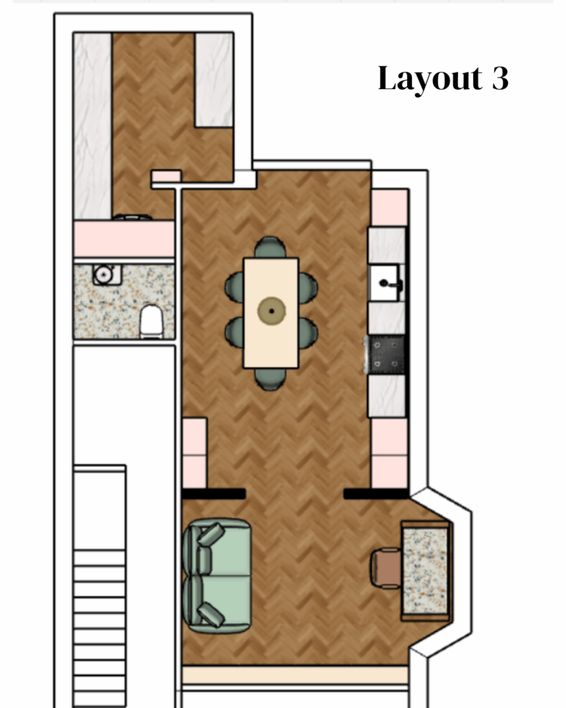 Interior layout showing a broken plan design with sliding doors separating dining and snug areas, creating flexible zones in a family home